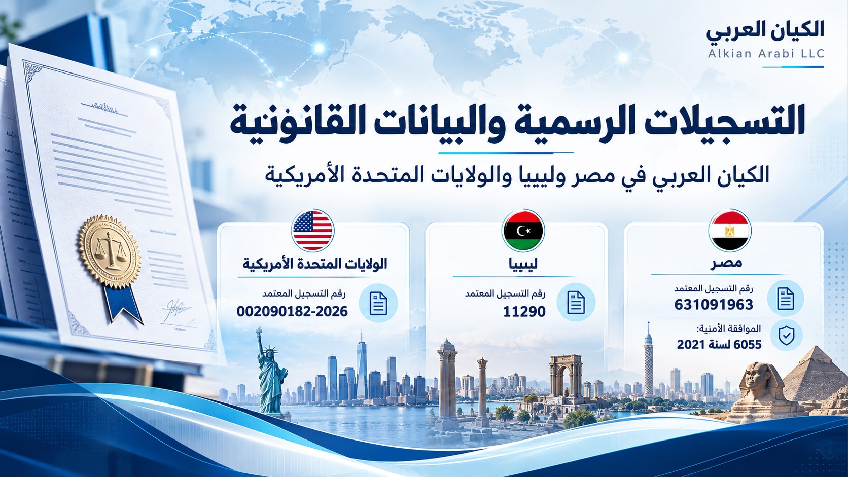 التسجيلات الرسمية والبيانات القانونية لمؤسسة الكيان العربي في مصر وليبيا والولايات المتحدة الأمريكية 
